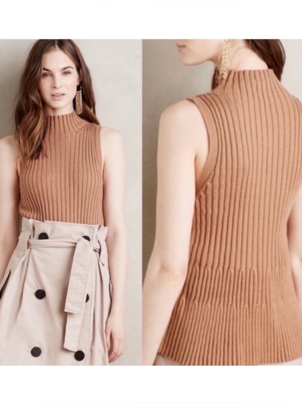 NWOT Anthropologie Wide Ribbed Turtleneck Sweater Tank In Carmel Size Small